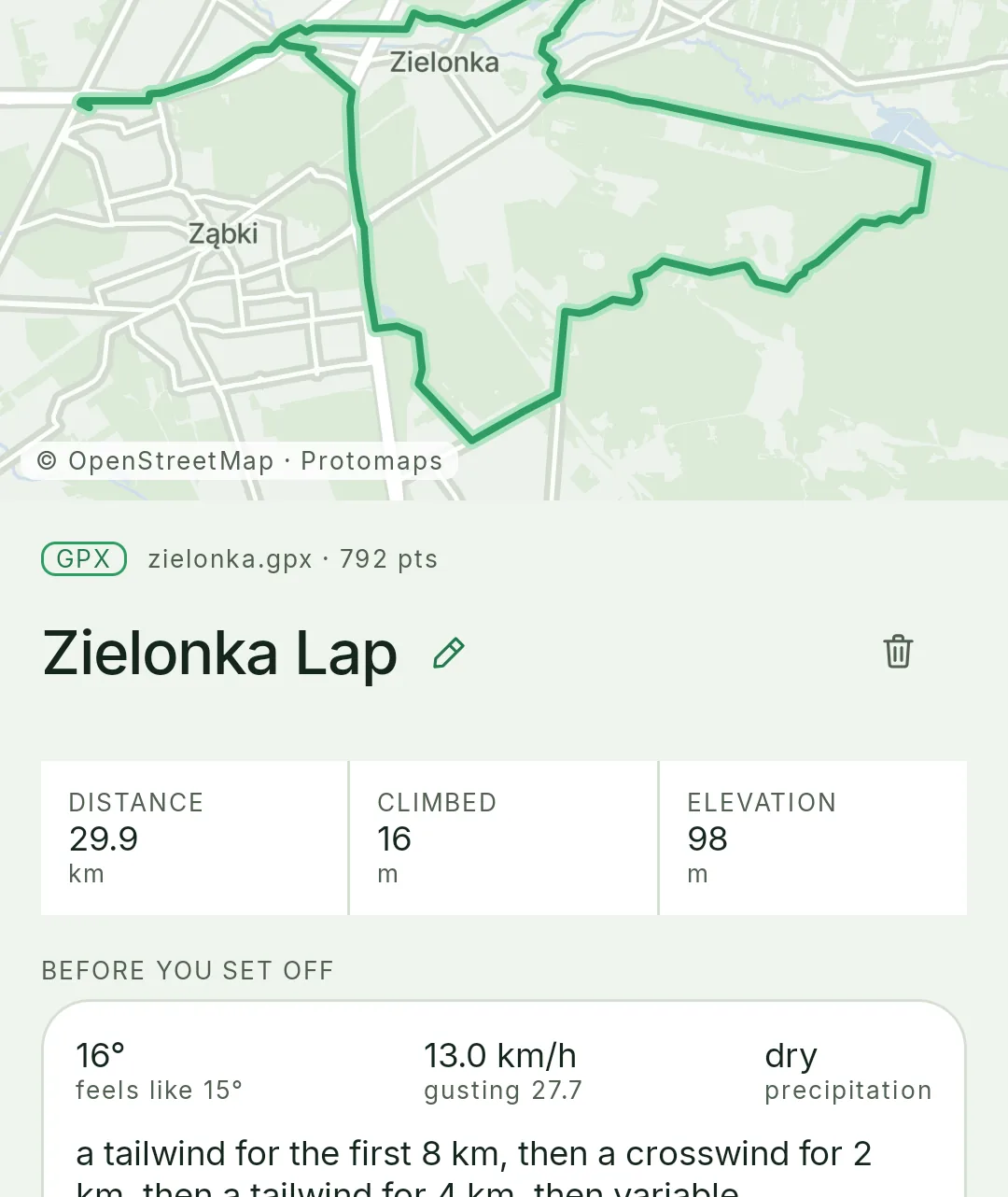 Before you start: the shape of the route, distance and ascent on one screen.